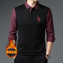 加绒加厚t恤男秋冬季爆款衬衫领假两件爸爸装男士保暖上衣打底衫