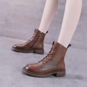 真皮厚底马丁靴冬季新款短靴侧拉链骑士靴头层牛皮系带短筒靴子