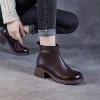 瘦瘦短靴女2025秋冬新款软牛皮中跟时装单靴圆头粗跟加绒真皮靴子