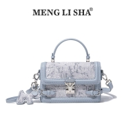MENGLISHA梦丽莎2025新款蓝色刺绣女包小众高级感单肩斜挎小方包
